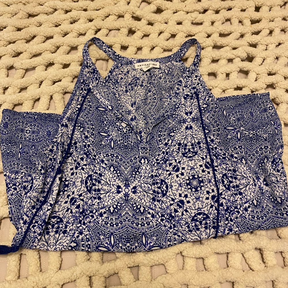 Artisan NY blue pattern high neck strap tank top blouse